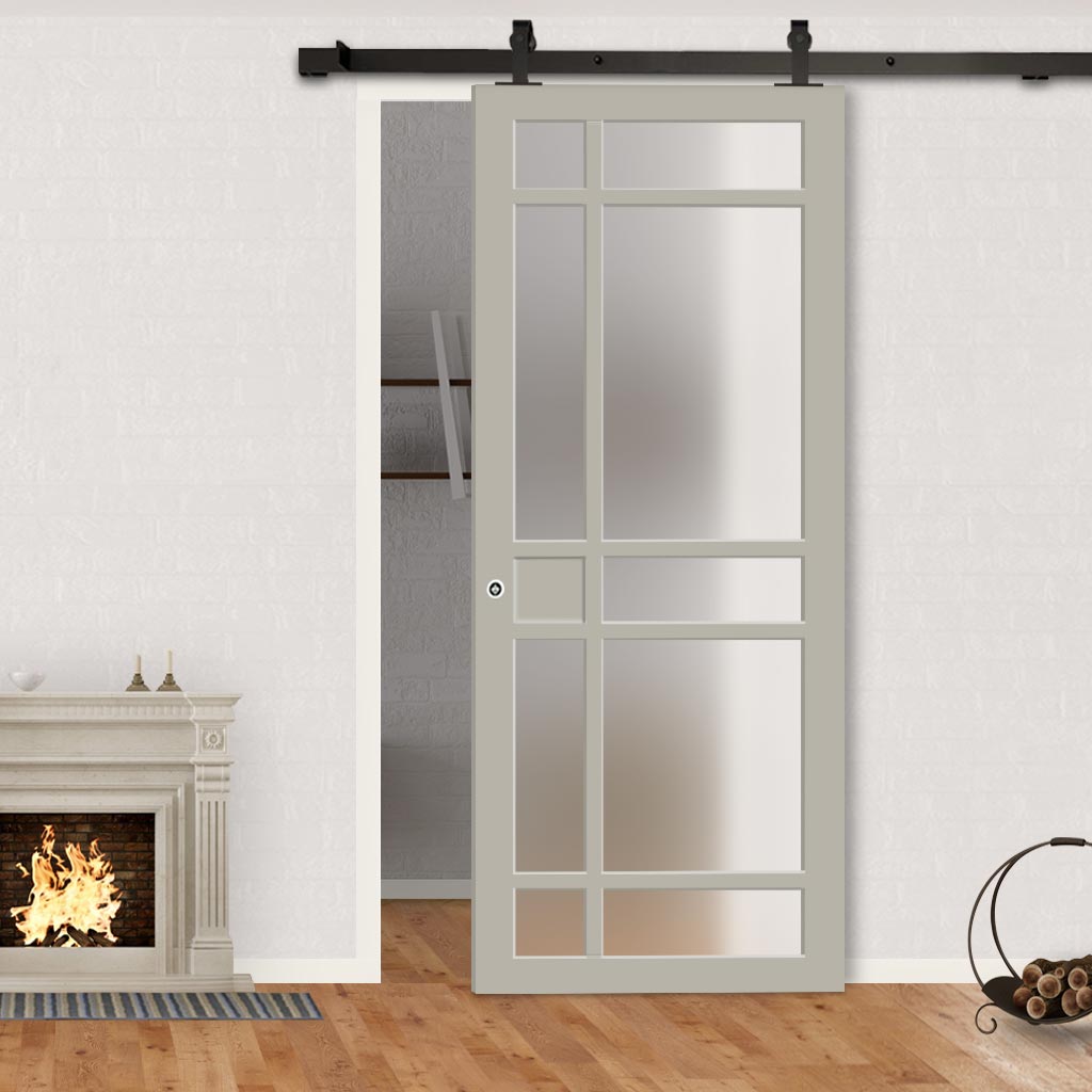 Top Mounted Black Sliding Track & Solid Wood Door - Eco-Urban® Leith 9 Pane Solid Wood Door DD6316SG - Frosted Glass - Mist Grey Premium Primed