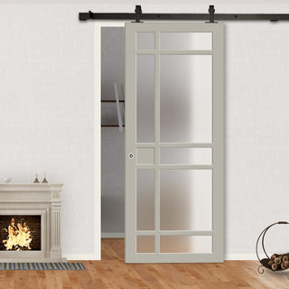Image: Top Mounted Black Sliding Track & Solid Wood Door - Eco-Urban® Leith 9 Pane Solid Wood Door DD6316SG - Frosted Glass - Mist Grey Premium Primed