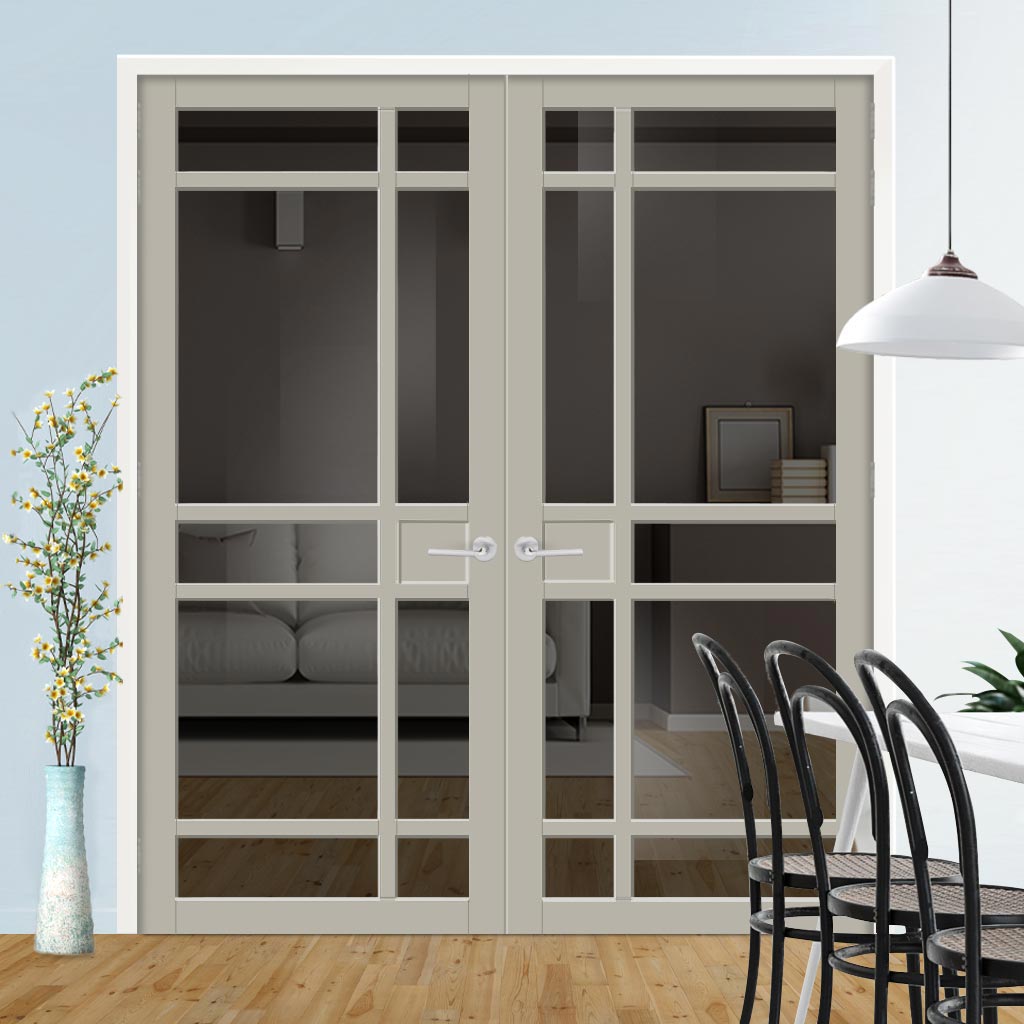 Leith 9 Pane Solid Wood Internal Door Pair UK Made DD6316 - Tinted Glass - Eco-Urban® Mist Grey Premium Primed