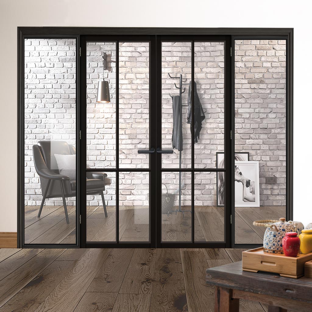 ThruEasi Black Room Divider - Liberty 4 Pane Primed Clear Glass Unfinished Door Pair with Full Glass Sides