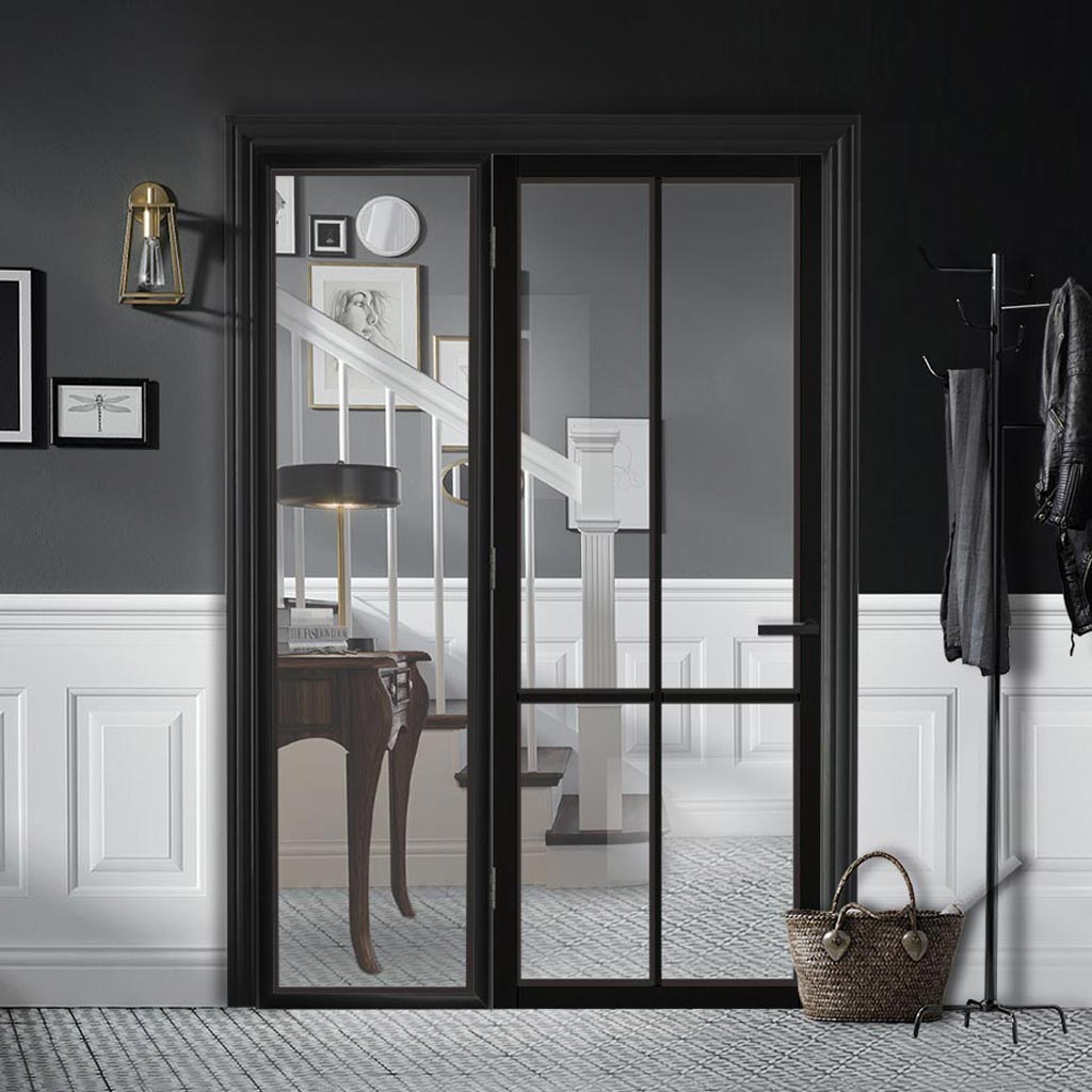 ThruEasi Black Room Divider - Liberty 4 Pane Clear Glass Prefinished Door with Full Glass Side