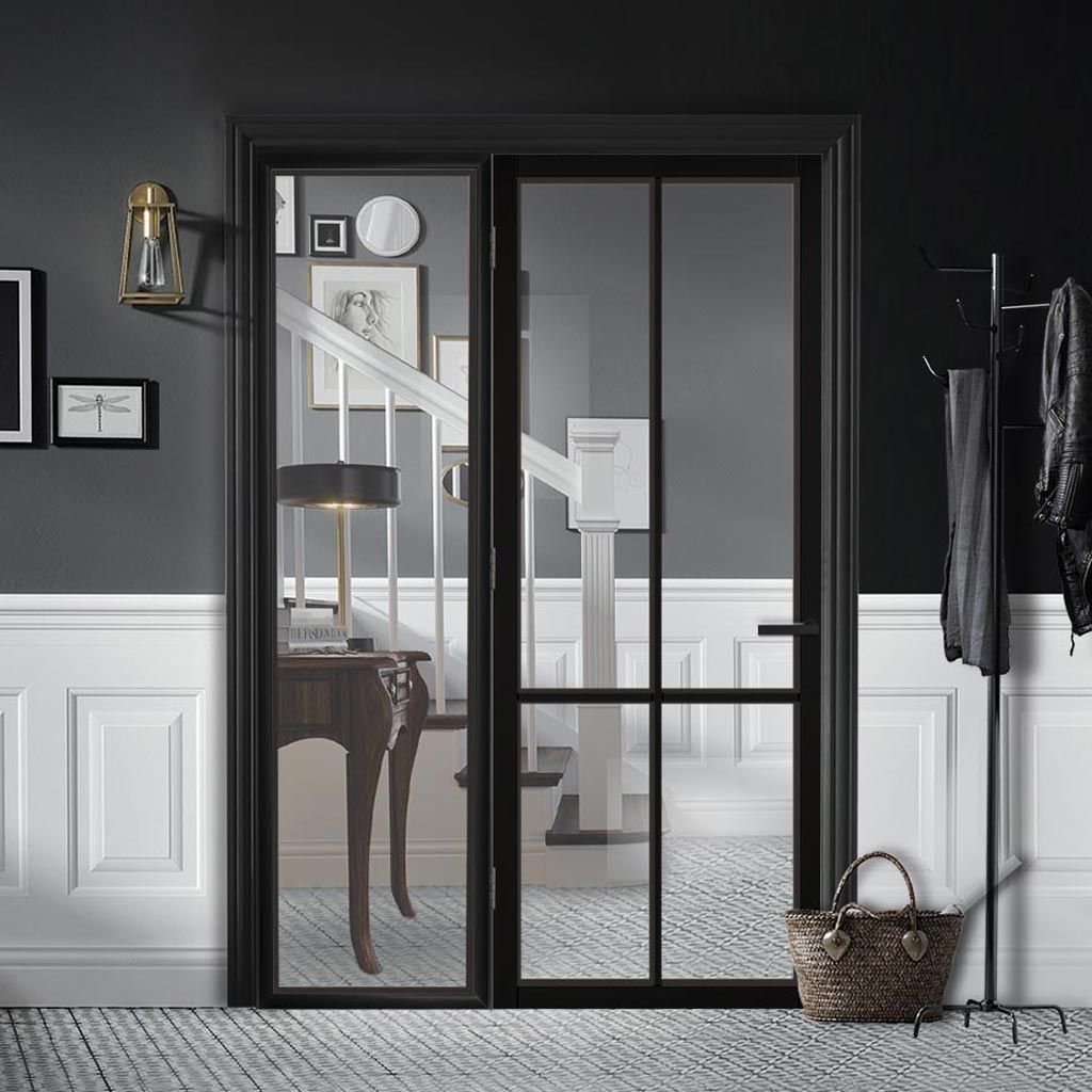 ThruEasi Black Room Divider - Liberty 4 Pane Primed Clear Glass Unfinished Door with Full Glass Side