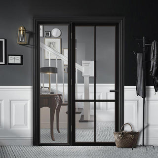Image: ThruEasi Black Room Divider - Liberty 4 Pane Clear Glass Prefinished Door with Full Glass Side