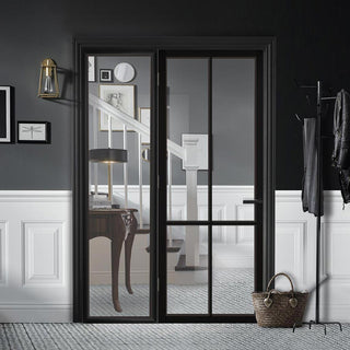 Image: ThruEasi Black Room Divider - Liberty 4 Pane Primed Clear Glass Unfinished Door with Full Glass Side