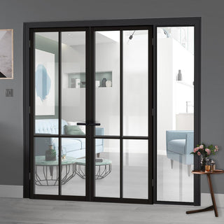 Image: ThruEasi Black Room Divider - Liberty 4 Pane Primed Clear Glass Unfinished Door Pair with Full Glass Side