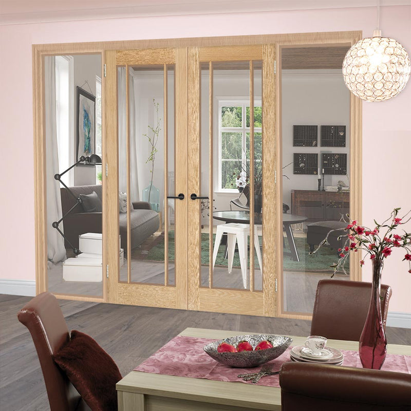 OakRoom Divider - Lincoln 3 Pane Clear Glass Unfinished Door Pair with Full Glass Sides