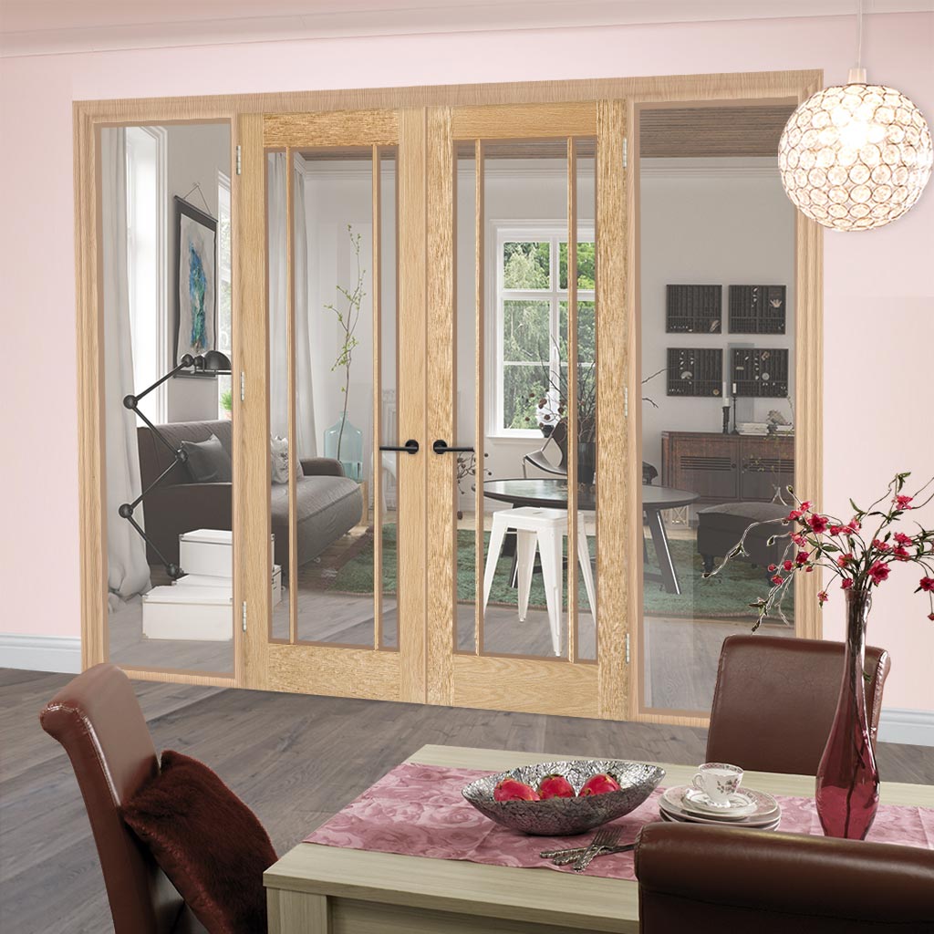 ThruEasi Oak Room Divider - Lincoln 3 Pane Clear Glass Unfinished Door Pair with Full Glass Sides