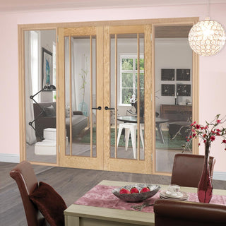 Image: ThruEasi Oak Room Divider - Lincoln 3 Pane Clear Glass Unfinished Door Pair with Full Glass Sides