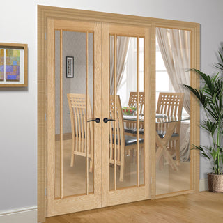 Image: ThruEasi Oak Room Divider - Lincoln 3 Pane Clear Glass Unfinished Door Pair with Full Glass Side