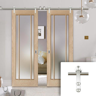 Image: Saturn Tubular Stainless Steel Sliding Track & Lincoln 3 Pane Oak Double Door - Frosted Glass - Unfinished