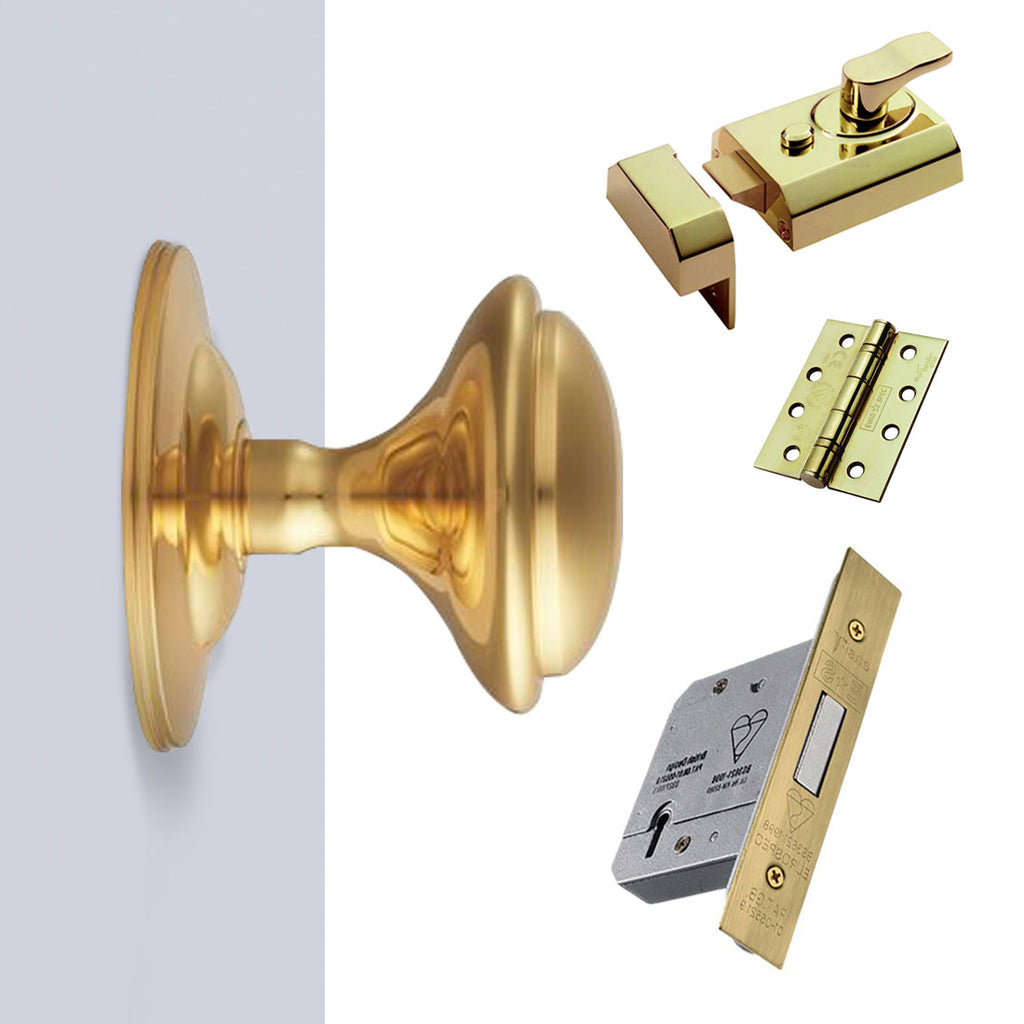 External M61 Centre Knob Front Door Handle Pack - Brass Finish