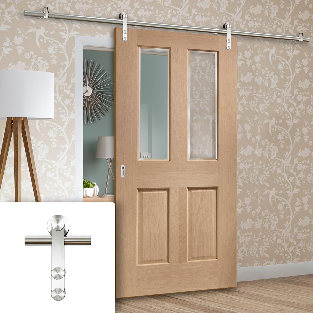 Saturn Tubular Stainless Steel Sliding Track & Malton Oak Door - Bevelled Clear Glass - Prefinished