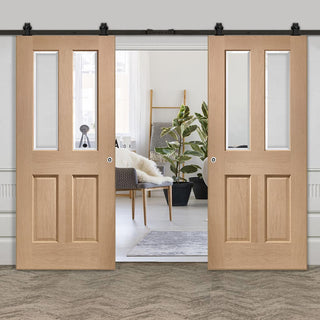Image: Top Mounted Black Sliding Track & Double Door - Malton Oak Doors - Bevelled Clear Glass - No Raised Mouldings - Unfinished