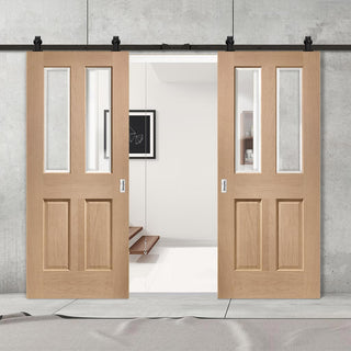 Image: Top Mounted Black Sliding Track & Double Door - Malton Oak Doors - No Raised Mouldings - Bevelled Clear Glass - Prefinished