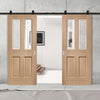 Top Mounted Black Sliding Track & Double Door - Malton Oak Doors - No Raised Mouldings - Bevelled Clear Glass - Prefinished