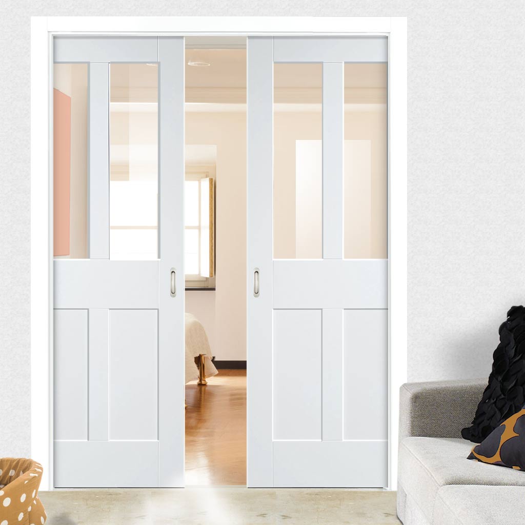 Malton Shaker Double Evokit Pocket Doors - Clear Glass - Primed