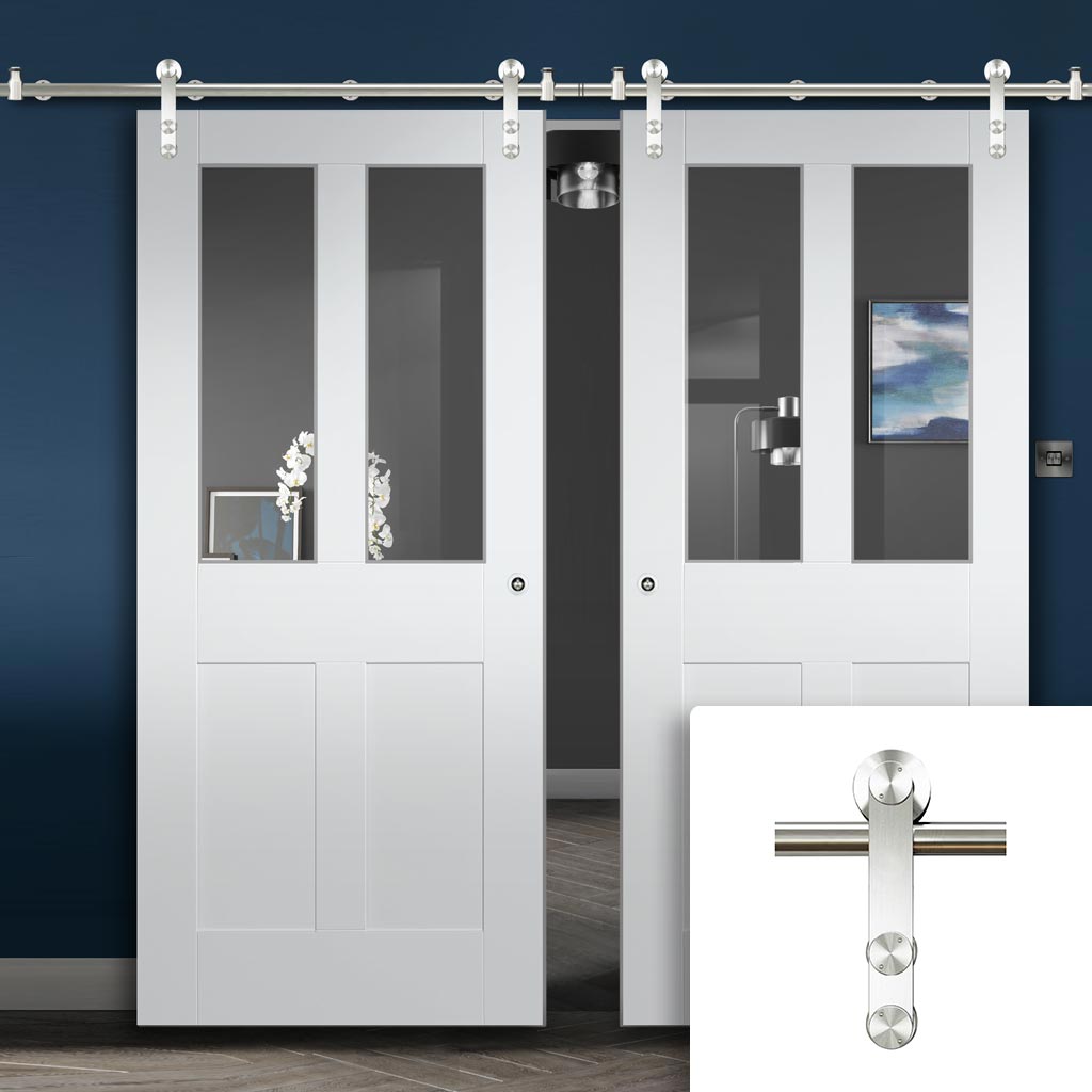 Saturn Tubular Stainless Steel Sliding Track & Malton Shaker Double Door - Clear Glass - White Primed