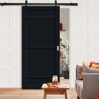 Image: Top Mounted Black Sliding Track & Solid Wood Door - Eco-Urban® Malvan 4 Panel Solid Wood Door DD6414 - Shadow Black Premium Primed