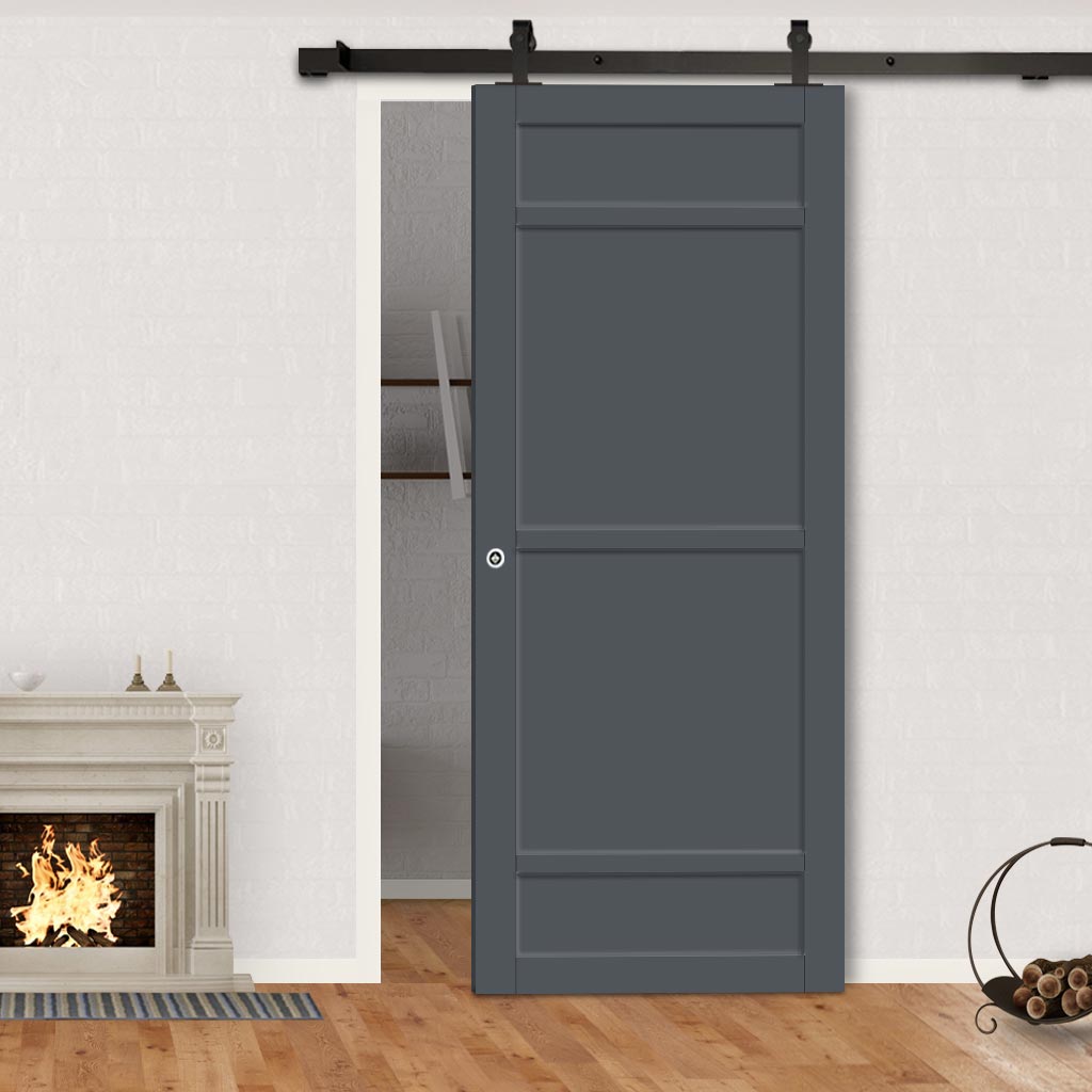 Top Mounted Black Sliding Track & Solid Wood Door - Eco-Urban® Malvan 4 Panel Solid Wood Door DD6414 - Stormy Grey Premium Primed