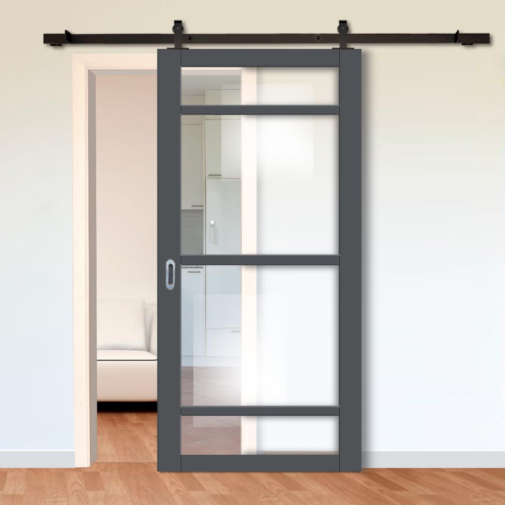 Top Mounted Black Sliding Track & Solid Wood Door - Eco-Urban® Malvan 4 Pane Solid Wood Door DD6414G Clear Glass - Stormy Grey Premium Primed