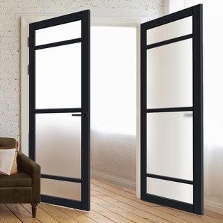 Image: Eco-Urban Malvan 4 Pane Solid Wood Internal Door Pair UK Made DD6414SG Frosted Glass - Eco-Urban® Shadow Black Premium Primed