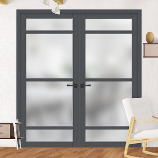 Image: Eco-Urban Malvan 4 Pane Solid Wood Internal Door Pair UK Made DD6414SG Frosted Glass - Eco-Urban® Stormy Grey Premium Primed