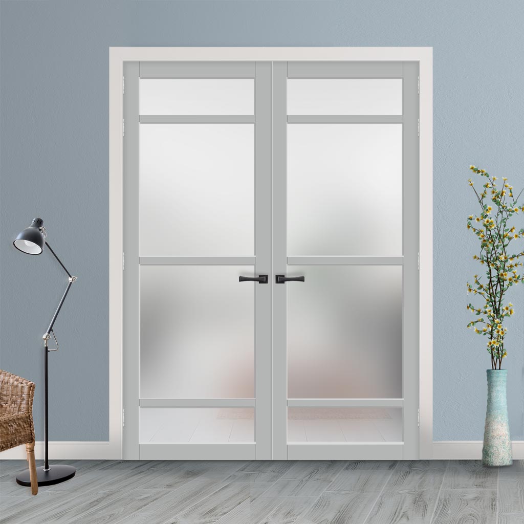 Handmade Eco-Urban Malvan 4 Pane Door Pair DD6414SG Frosted Glass - Light Grey Premium Primed