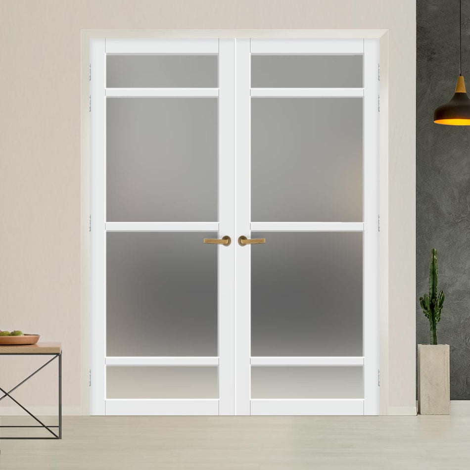 Eco-Urban Malvan 4 Pane Solid Wood Internal Door Pair UK Made DD6414SG Frosted Glass - Eco-Urban® Cloud White Premium Primed
