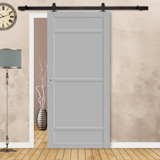 Image: Top Mounted Black Sliding Track & Solid Wood Door - Eco-Urban® Malvan 4 Panel Solid Wood Door DD6414 - Mist Grey Premium Primed