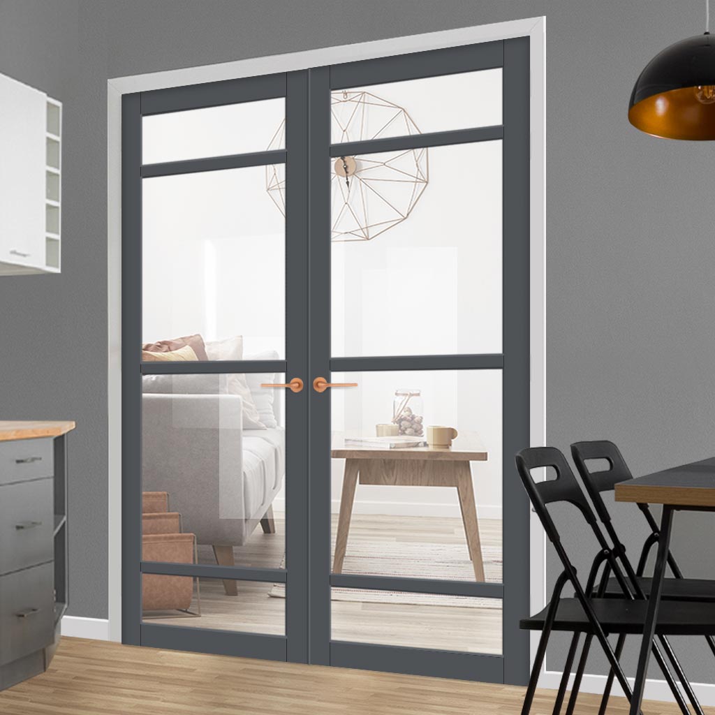 Eco-Urban Malvan 4 Pane Solid Wood Internal Door Pair UK Made DD6414G Clear Glass - Eco-Urban® Stormy Grey Premium Primed