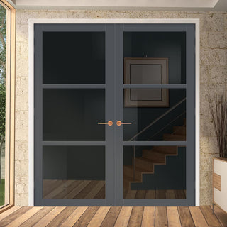 Image: Manchester 3 Pane Solid Wood Internal Door Pair UK Made DD6306 - Tinted Glass - Eco-Urban® Stormy Grey Premium Primed