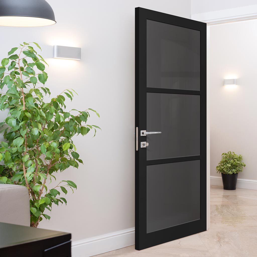 Manchester 3 Pane Solid Wood Internal Door UK Made DD6306 - Tinted Glass - Eco-Urban® Shadow Black Premium Primed