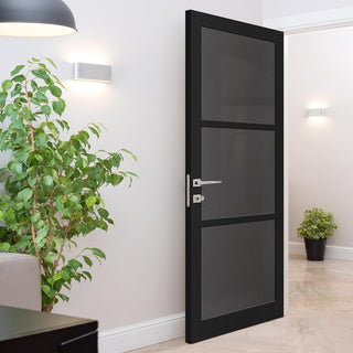 Image: Manchester 3 Pane Solid Wood Internal Door UK Made DD6306 - Tinted Glass - Eco-Urban® Shadow Black Premium Primed