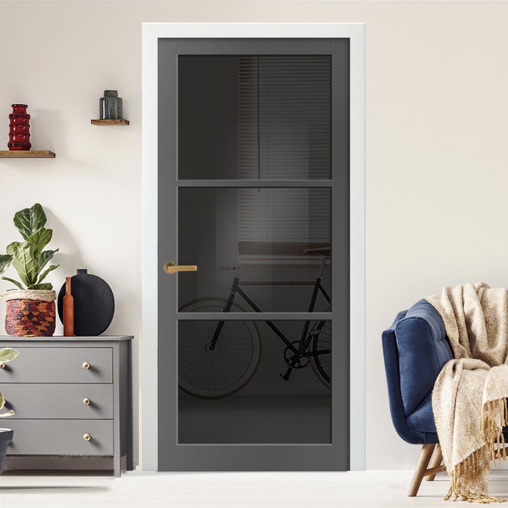 Manchester 3 Pane Solid Wood Internal Door UK Made DD6306 - Tinted Glass - Eco-Urban® Stormy Grey Premium Primed