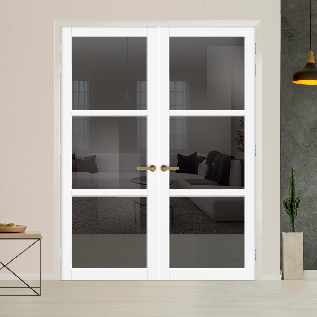 Manchester 3 Pane Solid Wood Internal Door Pair UK Made DD6306 - Tinted Glass - Eco-Urban® Cloud White Premium Primed