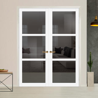 Image: Manchester 3 Pane Solid Wood Internal Door Pair UK Made DD6306 - Tinted Glass - Eco-Urban® Cloud White Premium Primed