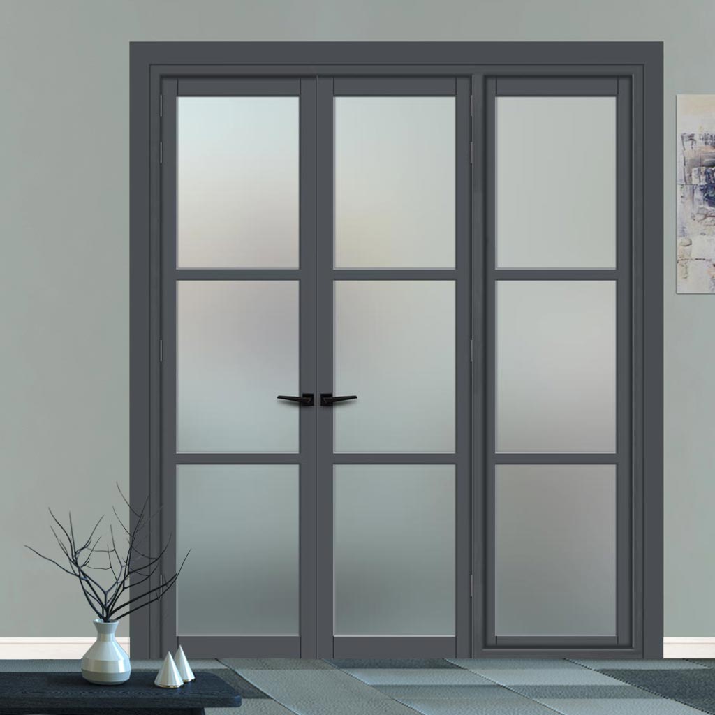 Urban Ultimate® Room Divider Manchester 3 Pane Door Pair DD6306F - Frosted Glass with Full Glass Side - Colour & Size Options