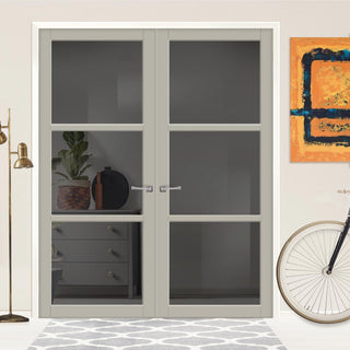 Image: Manchester 3 Pane Solid Wood Internal Door Pair UK Made DD6306 - Tinted Glass - Eco-Urban® Mist Grey Premium Primed
