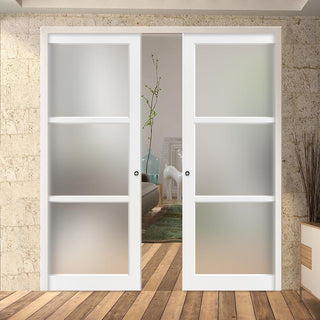 Image: Bespoke Handmade Eco-Urban® Manchester 3 Pane Double Evokit Pocket Door DD6306SG - Frosted Glass - Colour Options
