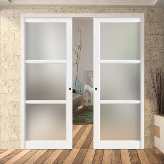 Image: Bespoke Handmade Eco-Urban® Manchester 3 Pane Double Evokit Pocket Door DD6306SG - Frosted Glass - Colour Options