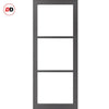 Top Mounted Black Sliding Track & Solid Wood Door - Eco-Urban® Manchester 3 Pane Solid Wood Door DD6306G - Clear Glass - Stormy Grey Premium Primed