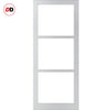 Top Mounted Black Sliding Track & Solid Wood Double Doors - Eco-Urban® Manchester 3 Pane Doors DD6306G - Clear Glass - Cloud White Premium Primed