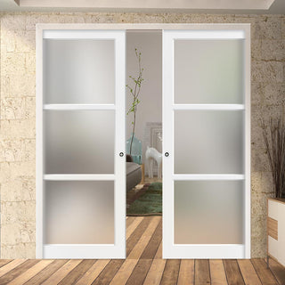 Image: Handmade Eco-Urban® Manchester 3 Pane Double Evokit Pocket Door DD6306SG - Frosted Glass - Colour & Size Options