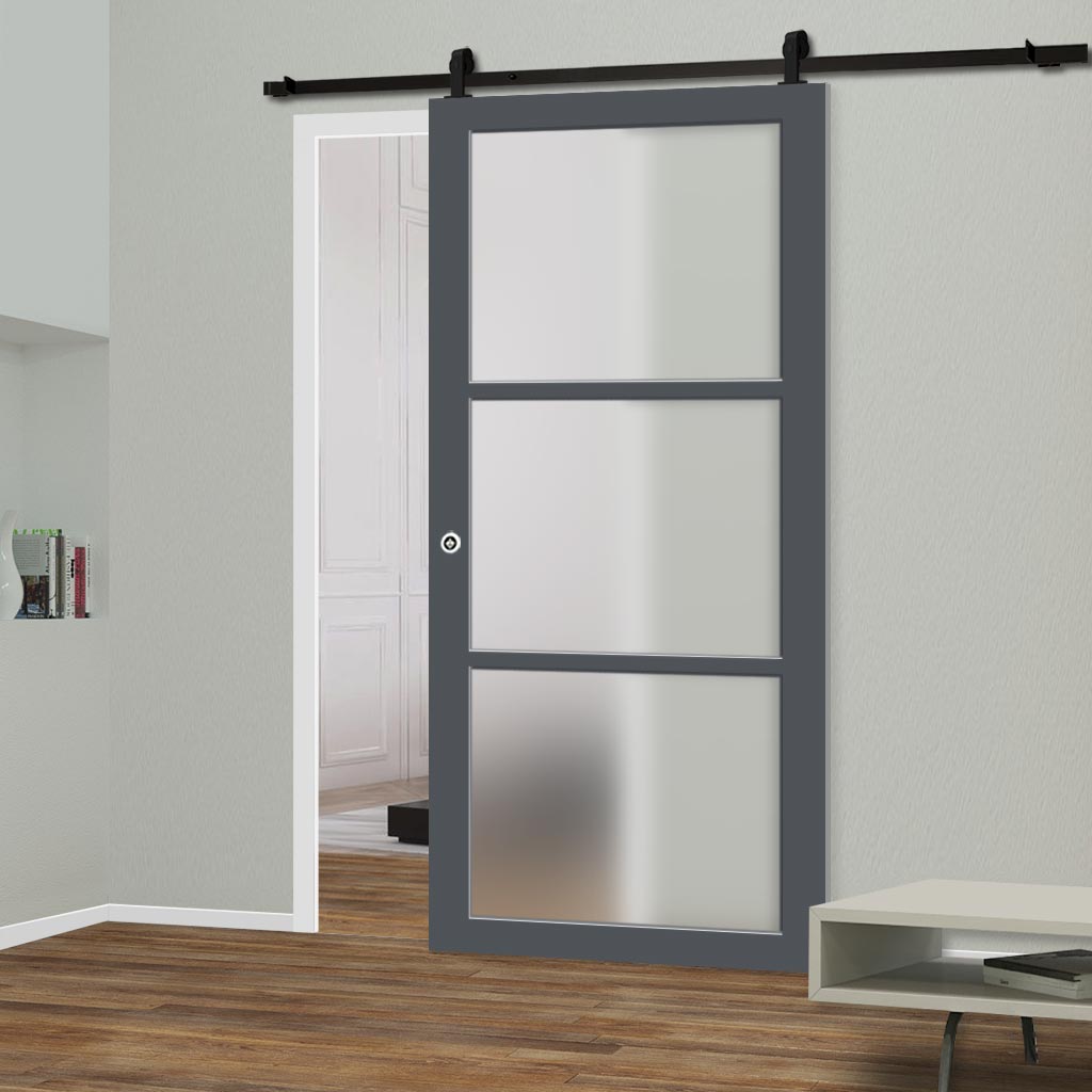 Top Mounted Black Sliding Track & Solid Wood Door - Eco-Urban® Manchester 3 Pane Solid Wood Door DD6306SG - Frosted Glass - Stormy Grey Premium Primed