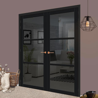 Image: Manchester 3 Pane Solid Wood Internal Door Pair UK Made DD6306 - Tinted Glass - Eco-Urban® Shadow Black Premium Primed