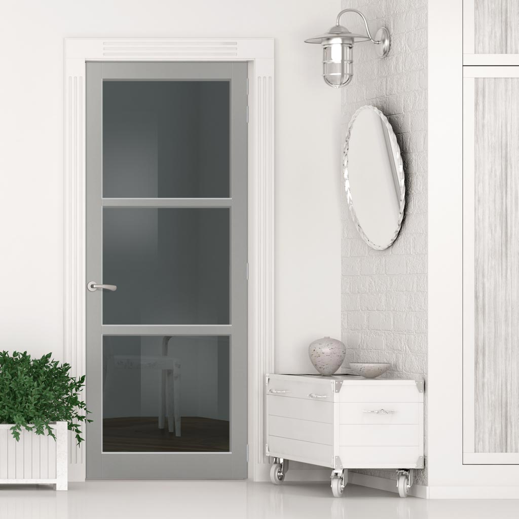 Manchester 3 Pane Solid Wood Internal Door UK Made DD6306 - Tinted Glass - Eco-Urban® Mist Grey Premium Primed