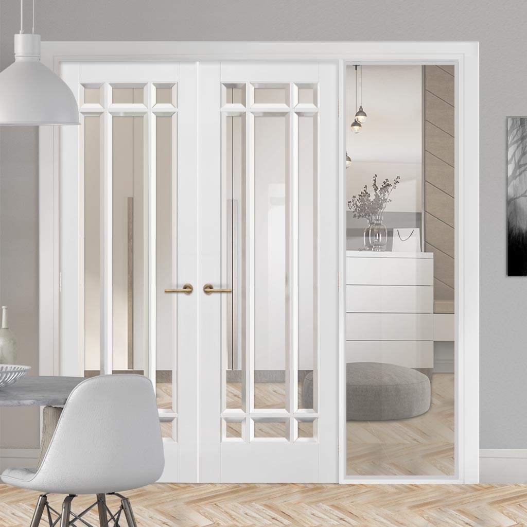 ThruEasi White Room Divider - Manhattan Bevelled Clear Glass Primed Door Pair with Full Glass Side