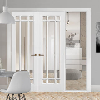 Image: ThruEasi White Room Divider - Manhattan Bevelled Clear Glass Primed Door Pair with Full Glass Side
