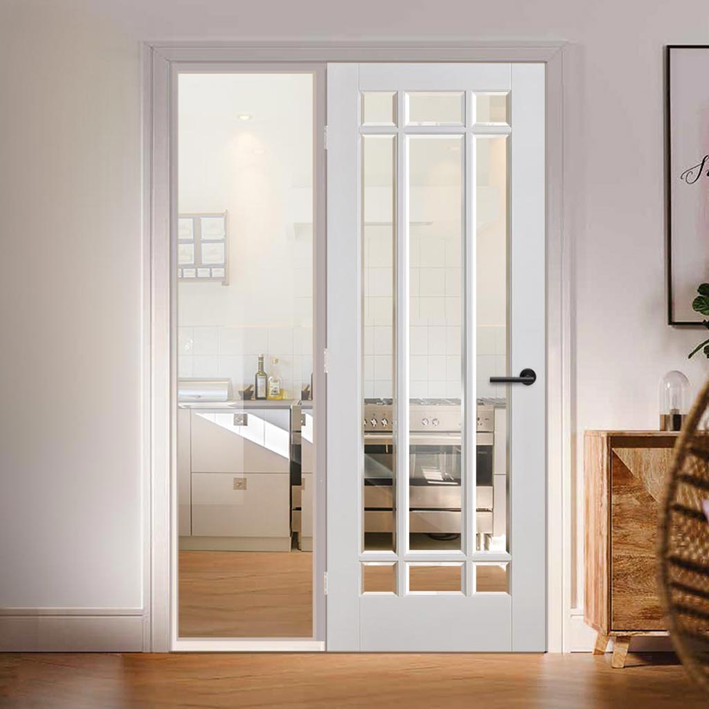 ThruEasi White Room Divider - Manhattan Bevelled Clear Glass Primed Door with Full Glass Side