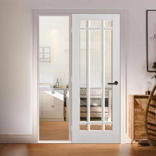 Image: ThruEasi White Room Divider - Manhattan Bevelled Clear Glass Primed Door with Full Glass Side